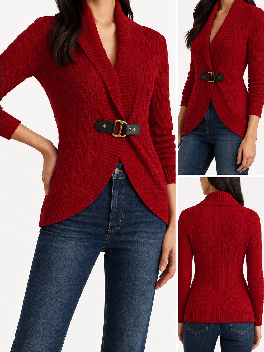 Lauren Ralph Lauren Red Cotton Shawl Collar Buckle Cardigan Size L